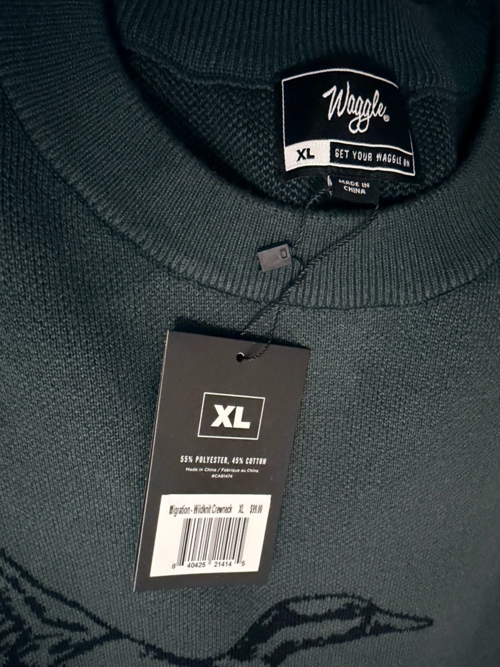 Waggle Golf Migration Duck Flight Wild Knit Crew Sweater Green Black XL - Picture 6 of 6
